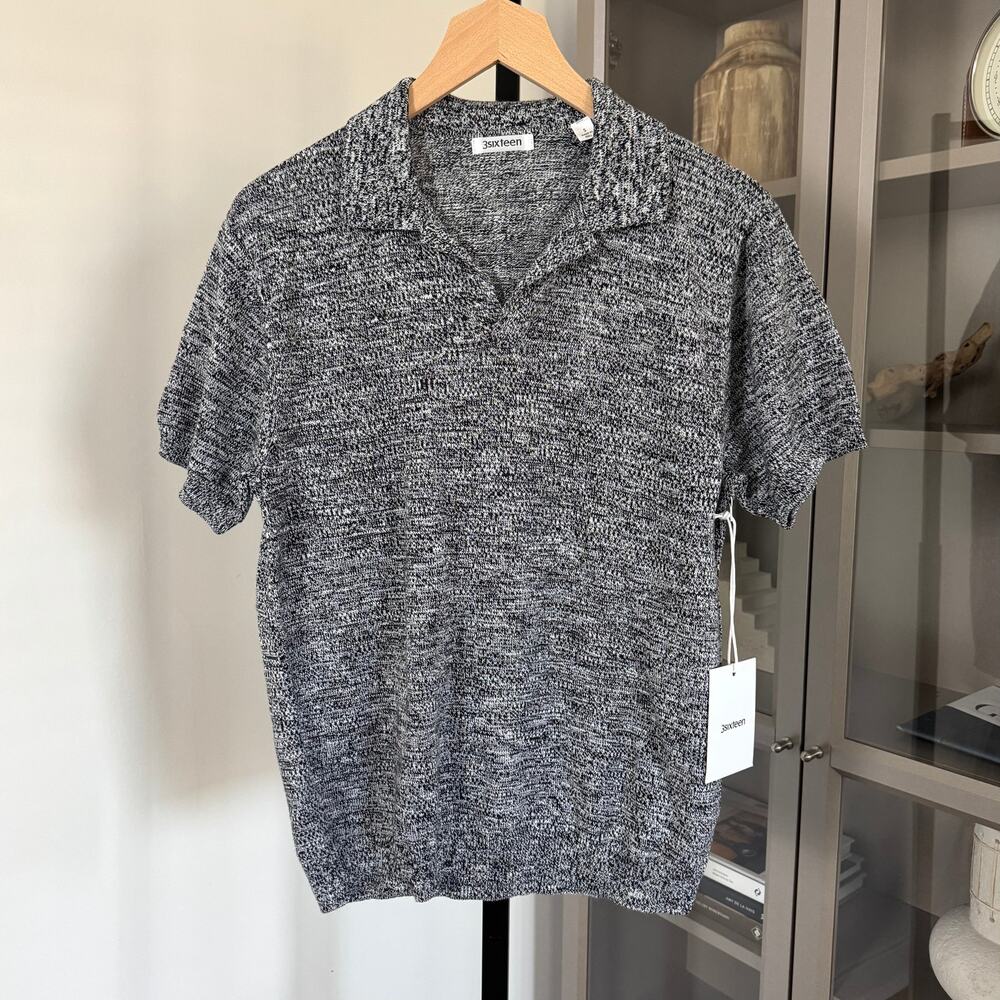 3sixteen Organic Cotton Black Marled Yarn Short Sleeve Polo Shirt S NEW Knit